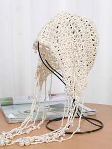 1 件镂空珍珠装饰帽，优雅百搭镂空花朵女帽，轻盈春夏时尚针织钩针头饰秋季配饰