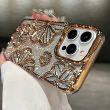 Glitter Electroplated Retro Personalized Hollow Three-Dimensional Oil Painting Flower Anti-Drop TPU Dopamine Case Suitable For IPhone Models IPhone11, IPhone13, IPhone14proMax, IPhone14, IPhone15, IPhone15proMax - 金色 - 查看 5