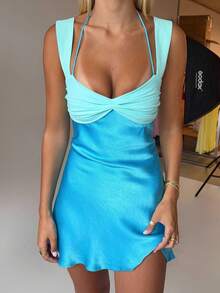 Women Y2k Back Tie Up Bow Mini Dress Summer Sleeveless Contrast Colors Backless Cami Dress Ruched Flowy Beach Vacation Short Dresses - 藍色 - 查看 1