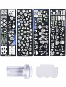 1/2/3/4/6 件套冬季圣诞美甲模板，含美甲印章、刮刀、圣诞雪花、驯鹿、圣诞树、时钟、雪人图案美甲模板、冬季美甲烫印板设计 DIY 美甲工具 - 銀色 - 查看 21