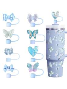 8 PIEZAS / 10 mm / 0.4 in Tapas y accesorios de pajitas de silicona, accesorios de taza para tumblers de 30/40 oz con asa, tapa de pajita Love Shack Fancy, tapa de pajita con diseño de mariposa y moño para días festivos, tapa reutilizable para taza