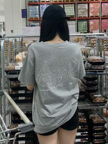 Plus Size Women Loose Rhinestone Pattern Oversized T-Shirt, Summer Casual - Grey - View 5