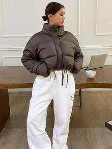 Livesso Drawstring Hem Drop Shoulder Padded Thick Coat, Women Winter Coat Jacket - Coffee Brown - View 8