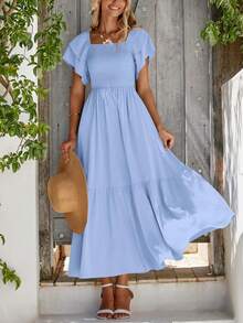 Women's Summer Casual Dresses Square Neck Ruffle Short Sleeve High Waist A-Line Wedding Dresses - Màu xanh nhạt - Xem 4