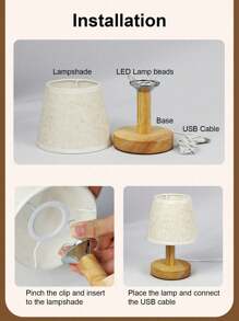 1 件复古亚麻灯罩 USB 供电 LED 木质台灯，适用于家庭客厅卧室书桌床头照明装饰 - 多色 - 查看 3