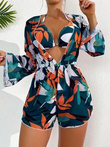 Women's Three-Piece Swimming Suit - Floral Halter Top Swimsuit Set - Comfortable Fabric Swimsuit With Matching One-Piece Pants