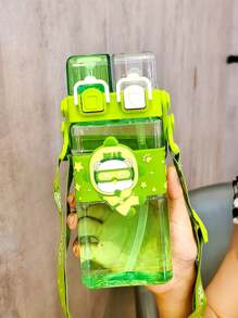 1 pieza Taza de agua de 520ml con pajita para bebés y niños, taza de plástico doble con correa para transportar para niños de escuela primaria, a prueba de caídas, para jardín de infantes, escuela y uso al aire libre