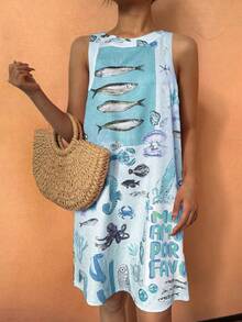 海星热带沙丁鱼海洋世界字母印花连衣裙，时尚度假休闲沙滩装，春夏款