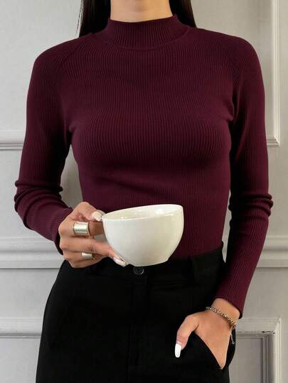 Livesso Pull slim col montant couleur unie, manches longues, vêtements d'automne/hiver décontractés pour femmes