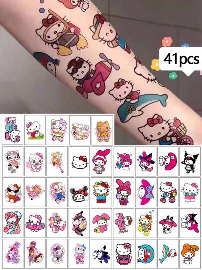 Sanrio Sanleo 41pcs Cartoon Hello Kittys Kuromis I Cinnamorolls Melody Cinnamorolls Little Cat Anime Waterproof Tattoo Sticker Body Art Sticker Decorative Accessory,Temporary Tattoo Stickers
