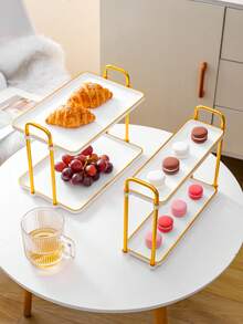 1pc Dual Handle Square 2-Tier Tray - Heavy Duty Plastic Double Layer Cake Stand With Bottom Shelf And Top Display Rack, Suitable For Weddings, Parties, Desserts, Tea/Coffee Service - Elegant Home, Kitchen, Buffet Cart (Gold)