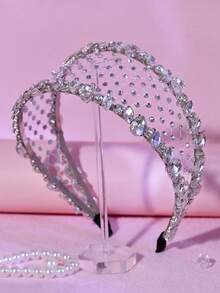 1 Piece Silver Rhinestone Wide Headband With Mesh Hollow Out Shiny Hair Accessory For Holidays Birthdays Parties Leisure College Style Campus Accessories, Hair Band, Hair Hoop, Autumn - Silver - View 6