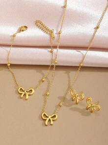 3 件套精致时尚金色不锈钢链蝴蝶吊坠项链手链和耳钉适合少女作为日常佩戴珠宝配饰礼物