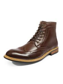 Men's Ankle Boot, Faux Leather, Cap Toe, Lace-Up, Zipper Closure, 1" Heel, Synthetic Sole, Business, Water Resistant - Dark Brown - View 5