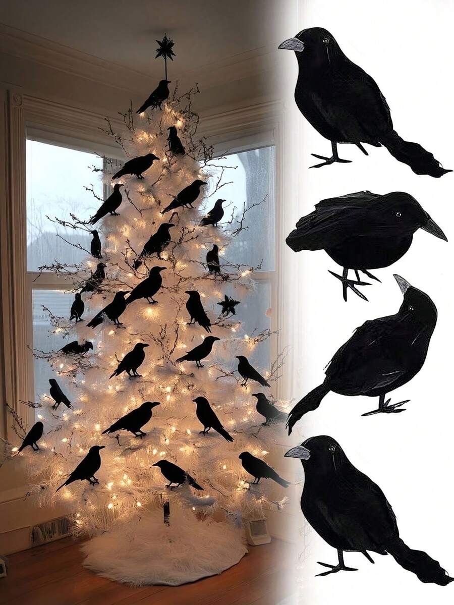 Set de 6 cuervos negros con plumas realistas para decoración, aptos para uso en interior y exterior como decoración de Halloween en el patio, árboles, jardín, terraza, hogar y exteriores.