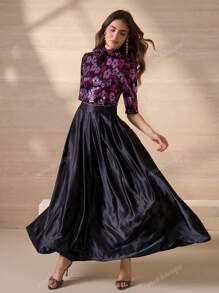 Elegant Luxurious Sequin Embroidered Floral Decor Top And A-Line Skirt Women's Lightweight Two Pieces Set