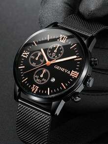 1 件休闲男士石英表，简约圆形表盘，金属网状表带，男士最佳礼物，适合节日礼物和日常佩戴