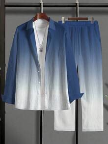 Men's Plus Size Casual Sport Suit: Gradient Long Sleeve T-Shirt + Pocket Drawstring Pants - Polyester Blend, Machine Washable - 漸變藍 - 查看 2