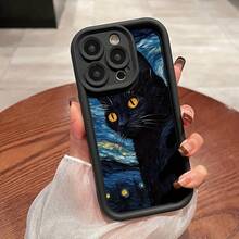 Funda de Teléfono de Gatito Negro con Pintura al Óleo Adecuada para 15/15Plus/15Pro/15ProMax, 14/14Plus/14Pro/14ProMax, 13/13Pro/13ProMax, 12/12Pro/12ProMax, 11/11/11Pro //8/x/xs Anti-suciedad Anti-caída Alta Estética - Colores mixtos - Ver 2