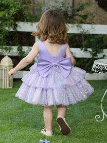 Baby Girls' Mermaid Bow Sequin Deep V Back Tulle Lavender Elegant Princess Dress, Suitable For Baby's 1st Birthday Gift, Banquet, Evening Party, Special Occasion, Holiday Celebration - Mauve Purple - View 6