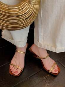 2025 法国皮革尖头坡跟时尚简约绑带优雅高跟凉鞋，适合女士春夏穿搭 - 金色 - 查看 7