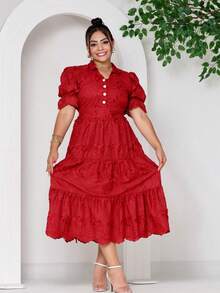Women's Fashion Midi Dress In 3D Laise Fabric With Elastex On The Back And Button On The Front And Lining - 3D葡萄酒 - 查看 1