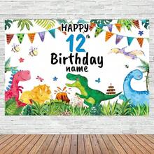 Personalizowany baner urodzinowy z motywem dżungli dinozaurów, możliwość personalizacji wieku i imienia, odpowiedni na urodziny i rocznice, idealny do fotobudki i dekoracji imprezowych