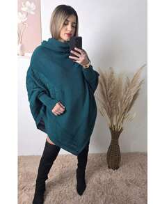 Women's Poncho Shawl Cuffed Knit Turtleneck Cape Winter Casual - 綠色 - 查看 2
