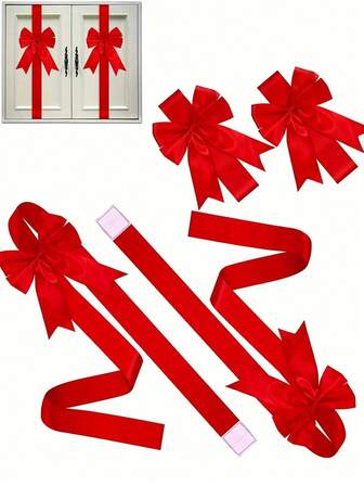 4pcs/2pcs Christmas Cabinet Decor Ribbon Bows, Christmas Holiday Decor Bow And Ribbon Set, Holiday Party Cabinet Decor, Double-Sided Adhesive, Reusable, Suitable For Holiday Party Decor, Seasonal Celebrations, Cabinet Decor, Christmas Home Decor