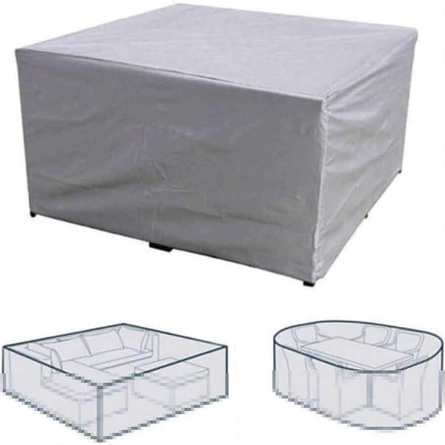 1 funda para muebles de patio, plateada, rectangular o cuadrada, para mesa y sillas de jardín, con cordón, impermeable, a prueba de polvo y resistente a los rayos UV.