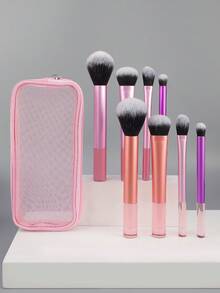 4pcs Long Handle Makeup Brush Set With Powder Foundation Blush Eye Shadow Brushes, Includes Pink Storage Pouch - Multicolor - View 3