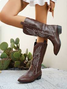 Stivali western da donna in pelle vintage americana ricamata con punta affusolata, stivali alti in pelle marrone caffè con tacco alto e spesso, stile punk, stivali Chelsea - Caffè Marrone - Visualizzare 6