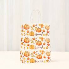 12pcs/6pcs Autumn Kraft Paper Gift Bags With Handles, Pumpkin Leaf Design Gift Bags, Shopping Bags, Packaging Bags, Suitable For Autumn, Baby Shower, Birthday Party Small Gifts, Thanksgiving, Halloween Holiday Party Favor Bags