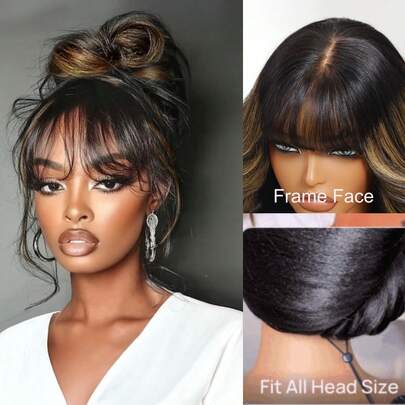 UNice 7"X5" Lace Closure Fluffy Natural Wave Bangs Wig With Drawstring, Pre-Cut Pre-Bleached Pre-Plucked, Layered Design To Flatter Face Shapes, 100% Human Hair Wig, Heat Resistant, Dyeable