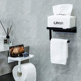 1 pièce Porte-papier toilette adhésif de luxe avec étagère de rangement - Distributeur d'essuie-tout, organisateur multifonction pour salle de bain et cuisine, support de rangement pour papier toilette, serviette, accessoires de salle de bain, hôtel