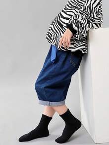 5 双儿童夏季薄款棉质网眼中筒袜，透气，纯黑色，男童女童适用 - 黑色 - 查看 4