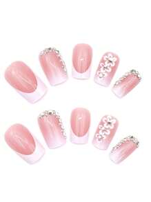 24pcs Long Square Colorful Crystal Nail Flower Design French Nails, 1pc Jelly Gel, 1pc Nail File
