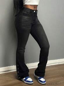Y2K Baddie High-Waisted Flare Pants With Ankle Strap, Spring/Summer - Black - View 6
