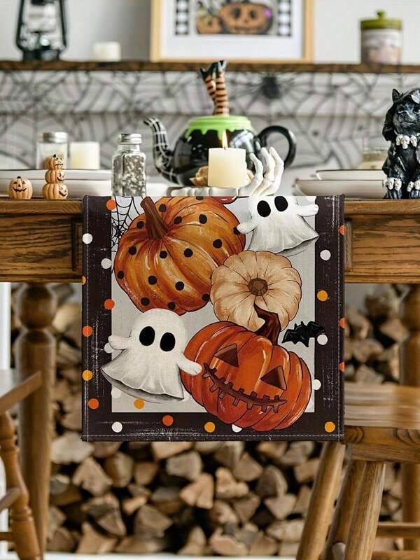 1PC Halloween Linen Polka Dot Pumpkin Ghost Table Runner "Boo" Table Runner - Decorated With Ghosts, Bats Halloween Burlap Farmhouse Indoor Kitchen Restaurant Decoration Halloween Party Party Table Runner Decoration
