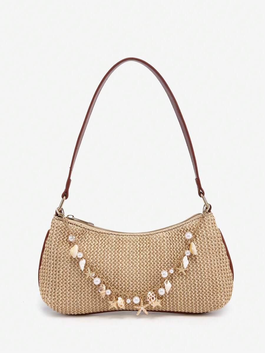 1 件女士复古休闲海滩度假海洋贝壳纸编织斜挎包，适合外出、约会、度假 - 駝色 - 查看 1