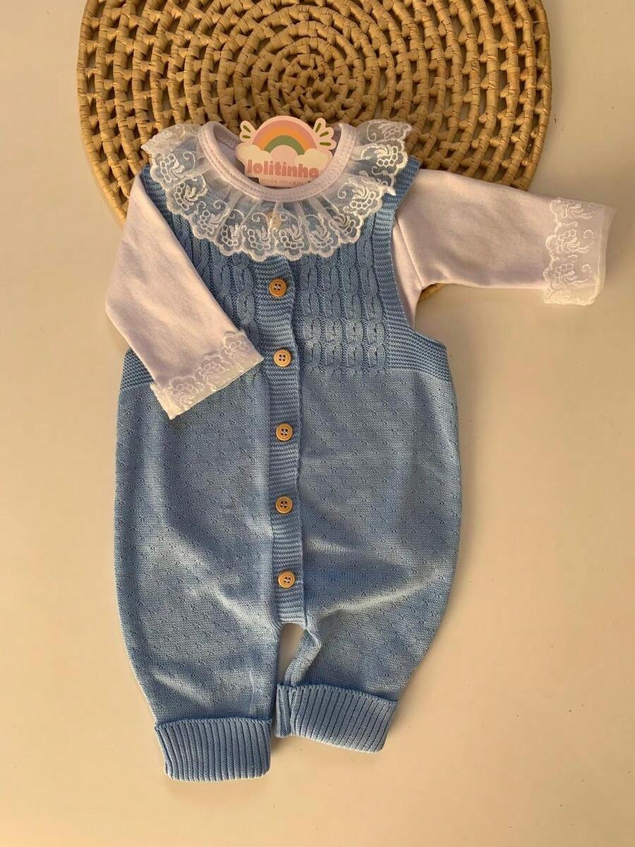 Ema Button Knit Set Girl Bodysuit Overalls Baby Romper - 淺藍色 - 查看 1