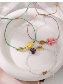 1 Piece Of Ocean Element Summer Small Fish Bead Pearl Crystal Natural Shell Bracelet, Beach Degree Starfish Crab Claw Pendant Bohemian Woven Bracelet - Multicolor - View 3