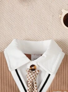 新生男婴绅士风格可爱熊短袖连体衣，适合0-18个月男孩生日派对 - 棕色 - 查看 3