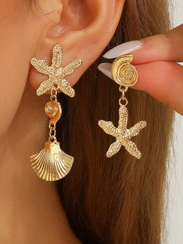 1 Pair Bohemian Style Starfish & Scallop Shell Dangle Earrings, Ocean Beach Theme Party And Holiday Gift, Versatile Accessories