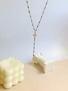 1pc Fashionable Simple Cross Oil Drop Y-Shaped Tassel Stainless Steel Necklace, Suitable For Women Daily Wear, Gift For Friends