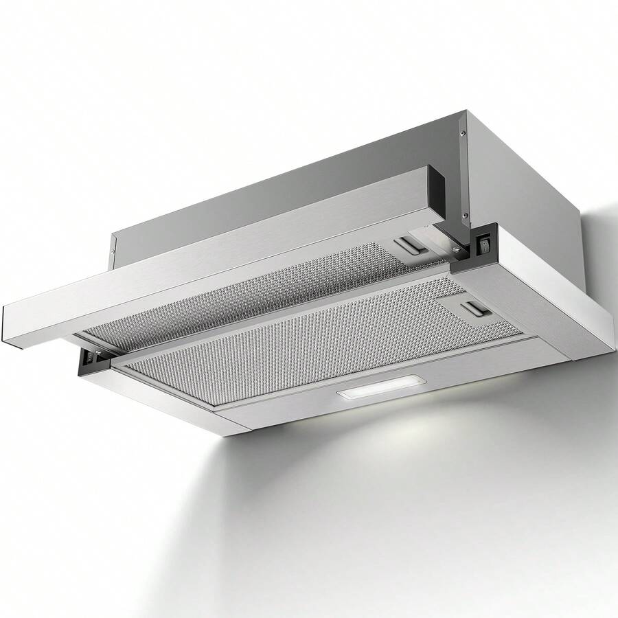 Dunstabzugshaube 60 cm, 620 m³/h, integrierte Dunstabzugshaube, Edelstahloberfläche, LED-Beleuchtung, Kippschalter, leiser Motor