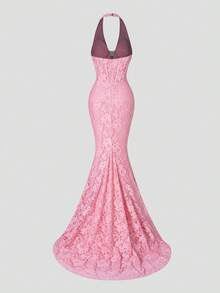 Faeriesty Elegante abito da sera in pizzo con collo a canottiera e profondo scollo a V - Corpetto strutturato, silhouette a sirena a coda di pesce, strascico lungo - Abito da cerimonia per gala, banchetti di matrimonio, balli di fine anno e feste di alto livello