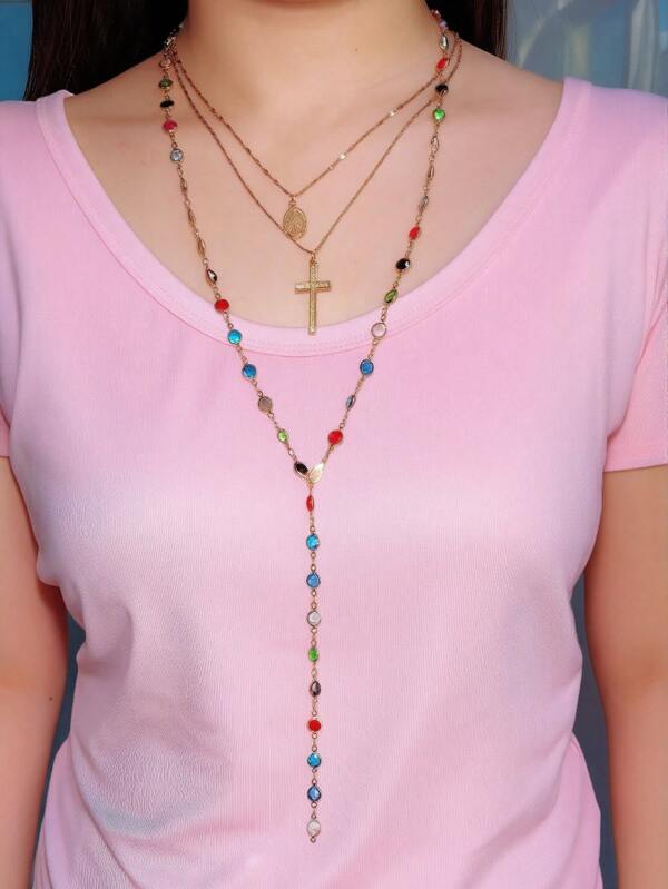 3pcs/Set Vintage Religious Cross & Jesus Embossed Pendant Necklace, Colorful Rhinestone Decor, Long Necklace For Women, Fashionable For Daily Wear, Photography, And Ascension Gift (Hand-Crafted Chain Length And Rhinestone Color Sequence Are Random)
