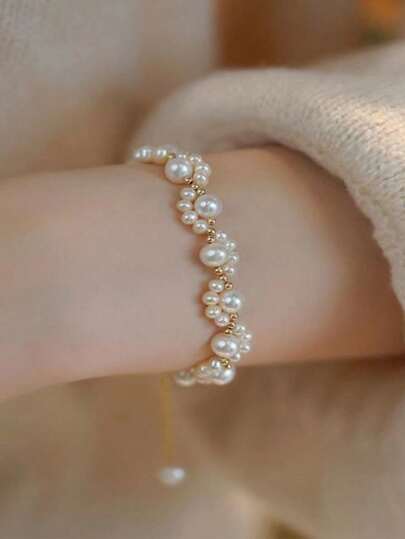 1pc Vintage French Luxury Sparkle Faux Pearl Bracelet, Niche Exquisite Luxury Design Personalized Highly Attractive Versatile Bracelet