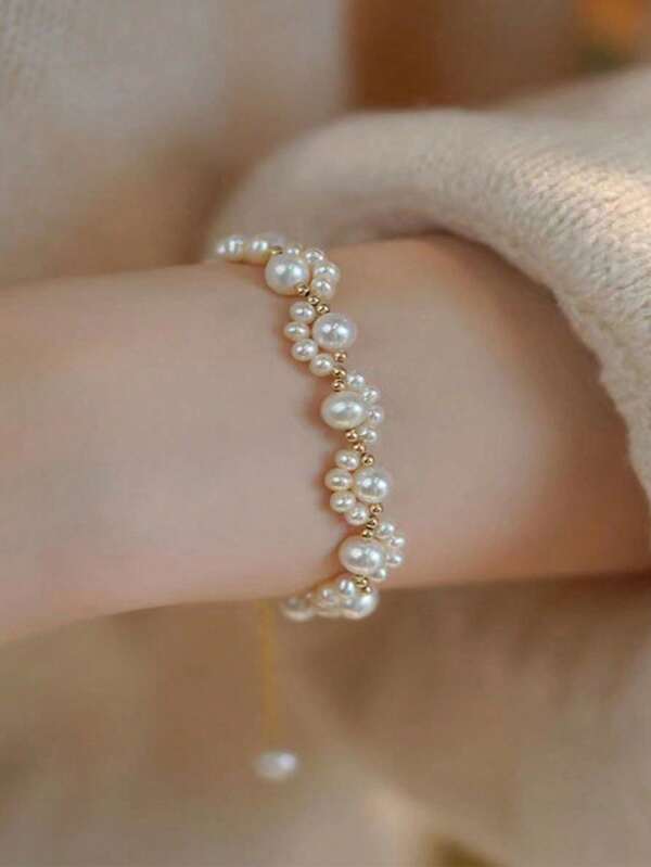 1pc Vintage French Luxury Sparkle Faux Pearl Bracelet, Niche Exquisite Luxury Design Personalized Highly Attractive Versatile Bracelet